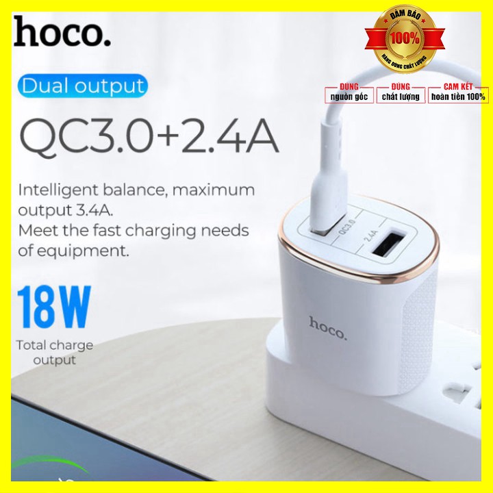 Củ sạc nhanh tích hợp 2 cổng USB Quick Charge 3.0 nhãn hiệu Hoco C60 công suất 18W - Bảo hành 6 tháng