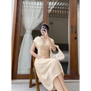 Đầm midi voan tơ xếp eo cổ V