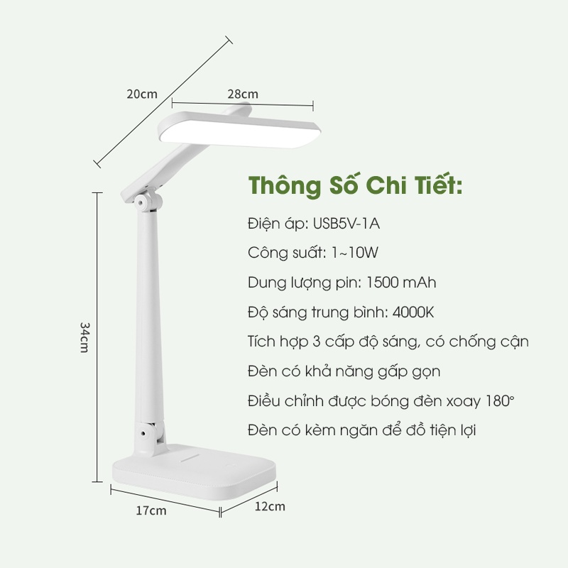 Đèn Bàn Học Đọc Sách, Làm Việc (Học Sinh, Sinh Viên, Văn Phòng) LED Chống Cận, Cảm Ứng Tích Điện Kèm Khay Để Bút