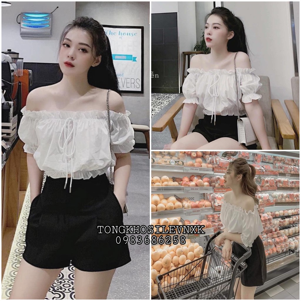 SET ÁO TRỄ VAI BÈO TRẮNG MIX QUẦN ĐÙI UMI ĐEN HOT