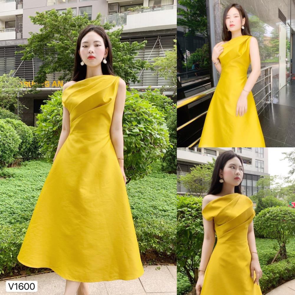 [ CAO CẤP] Váy vàng xòe lệch vai V1600 - CHATFASHION.VN ( Ảnh mẫu và ảnh trải sàn do shop tự chụp )
