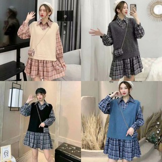 S509 Set đồ thu đông nữ, gồm váy kẻ caro dáng babydoll phối áo len gile kèm phụ kiện túi đeo chéo dễ thương