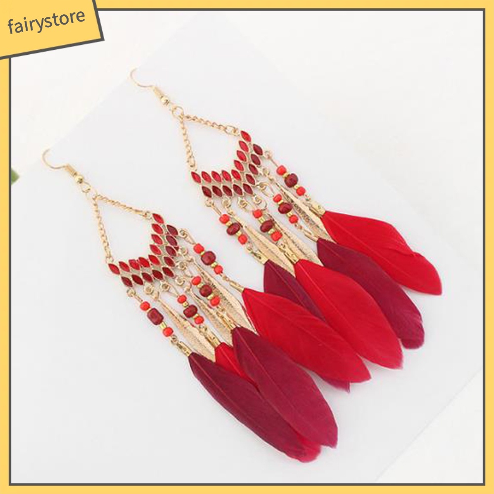 Khuyên tai dáng dài phối tua rua lông vũ phong cách Bohomian độc đáo