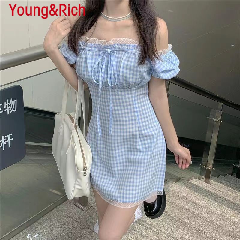 Y&R Đầm Ngắn Trễ Vai Ôm Eo Kẻ Sọc Caro Xanh Dương Viền Ren Kiểu Pháp Ngọt Ngào Cho Nữ 150