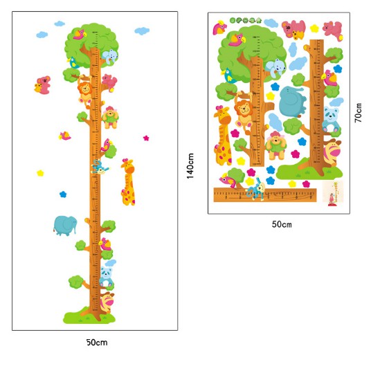 Decal trang trí - thước đo các bạn thú ở trên cây vàng cho bé