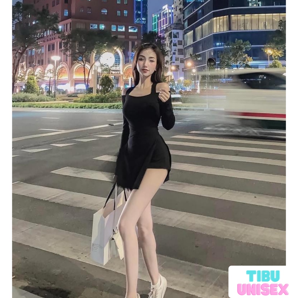 Set Đầm 2 dây body trễ vai đan lưng lạ mắt TIBU, quần giả váy nữ sexy cột nơ dáng ôm phù hợp đi tiệc đi chơi 2022