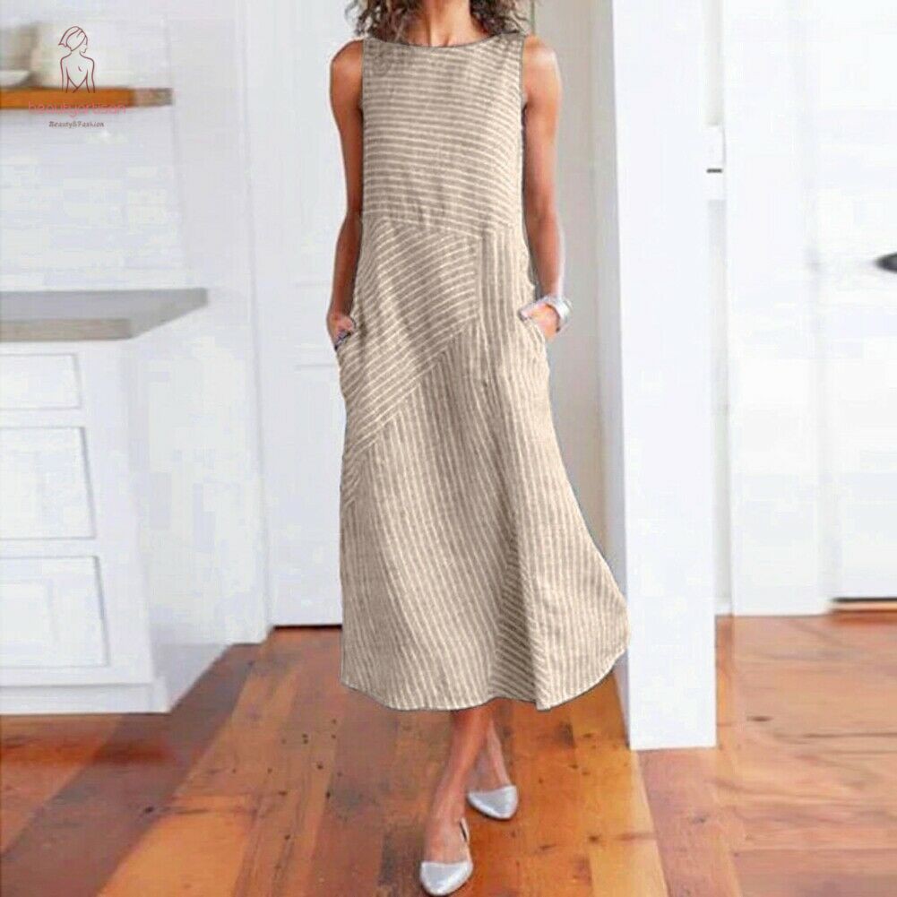Đầm Maxi Sát Nách Chất Cotton Hoạ Tiết Kẻ Sọc Cho Phái Nữ | BigBuy360 - bigbuy360.vn