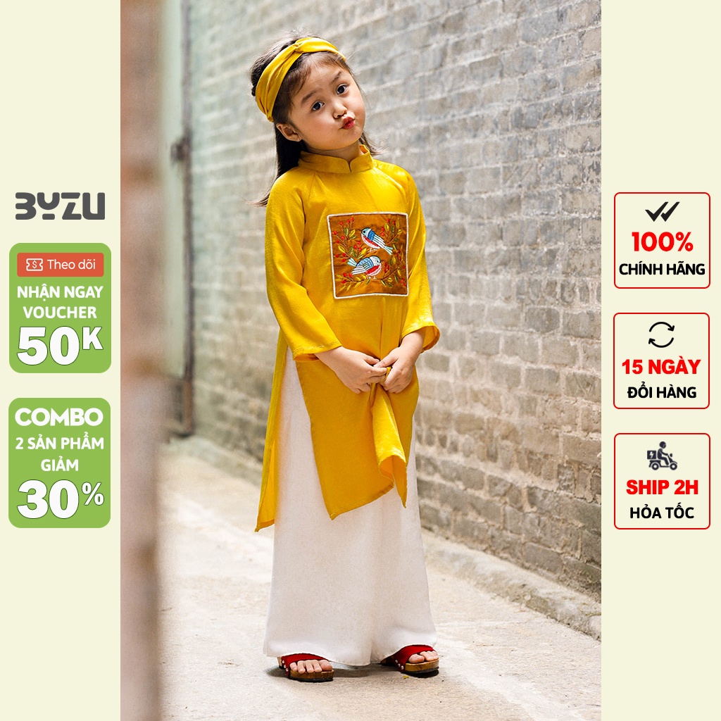 Áo dài cho bé gái BYZU kiểu áo dài truyền thống thêu Họa Mi, chất liệu lụa màu vàng óng