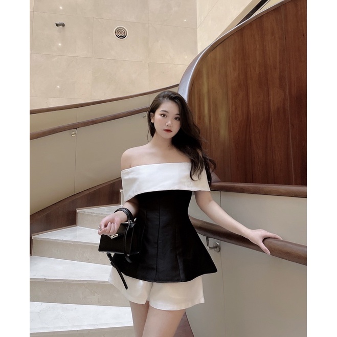 CIARA | Set tafta trễ vai đen phối trắng