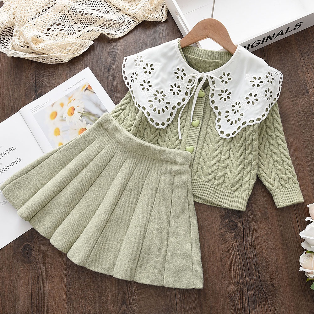 BEAR LEADER Bộ Áo Khoác Cardigan Len 2 Món Phối Đầm Ren Thời Trang Thu Đông Cho Bé Gái 2-6 Tuổi