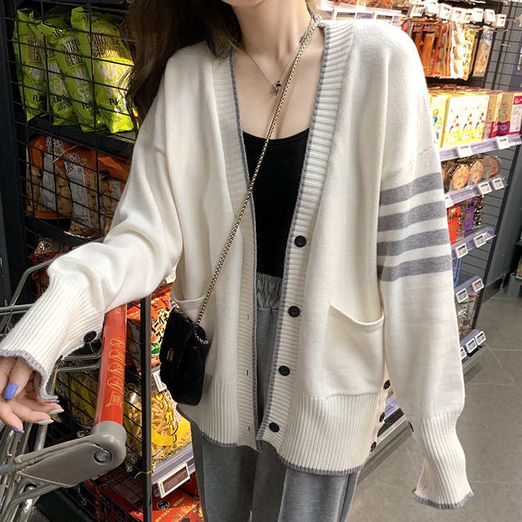 (ORDER)  Áo khoác len dệt kim cardigan cài khuy phối viền sọc tay style Hàn Quốc cá tính (HÀNG_MỚI) | WebRaoVat - webraovat.net.vn