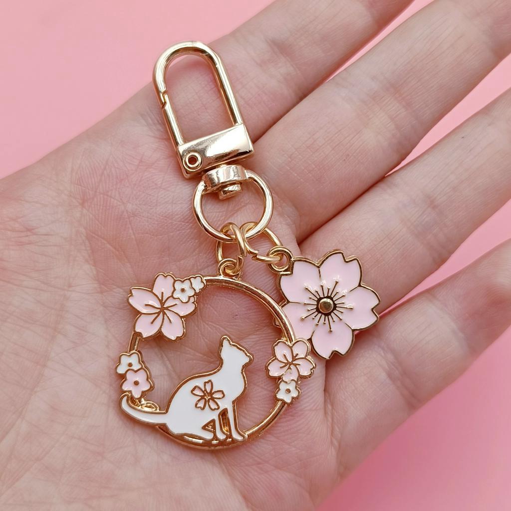 Móc Chìa Khóa Hình Thỏ / Mèo / Hoa Đào Hoạt Hình Tráng Men Dễ Thương Trang Trí Túi Xách DIY