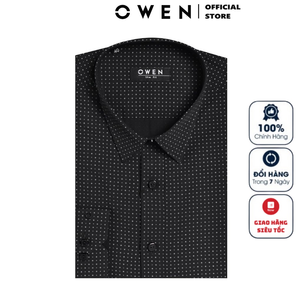 Áo Sơ Mi Nam Dài Tay Owen AS61002D Somi Công Sở Cao Cấp Màu Đen Chấm Bi Trắng Dáng Ôm Không Túi Chất Sợi Tre