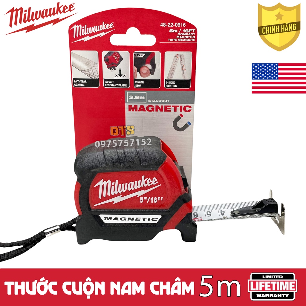 Thước kéo nam châm 5m Milwaukee Mỹ, thước cuộn thép 2 mặt nền trắng công nghiệp độ chính xác tuyệt đối, chống va đập