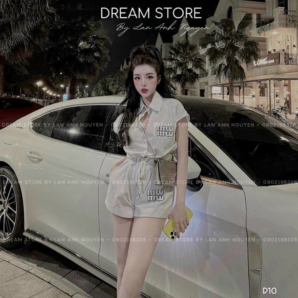 Set áo và quần đi chơi với quần short kèm áo kiểu nữ form rộng cổ sơ mi ngắn tay có khuy