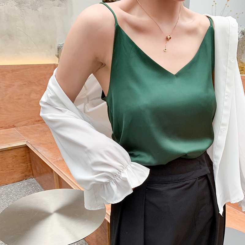 Áo Hai Dây Giả Lụa Satin Cổ Chữ V Dáng Rộng Thời Trang Quyến Rũ Dành Cho Nữ 2022