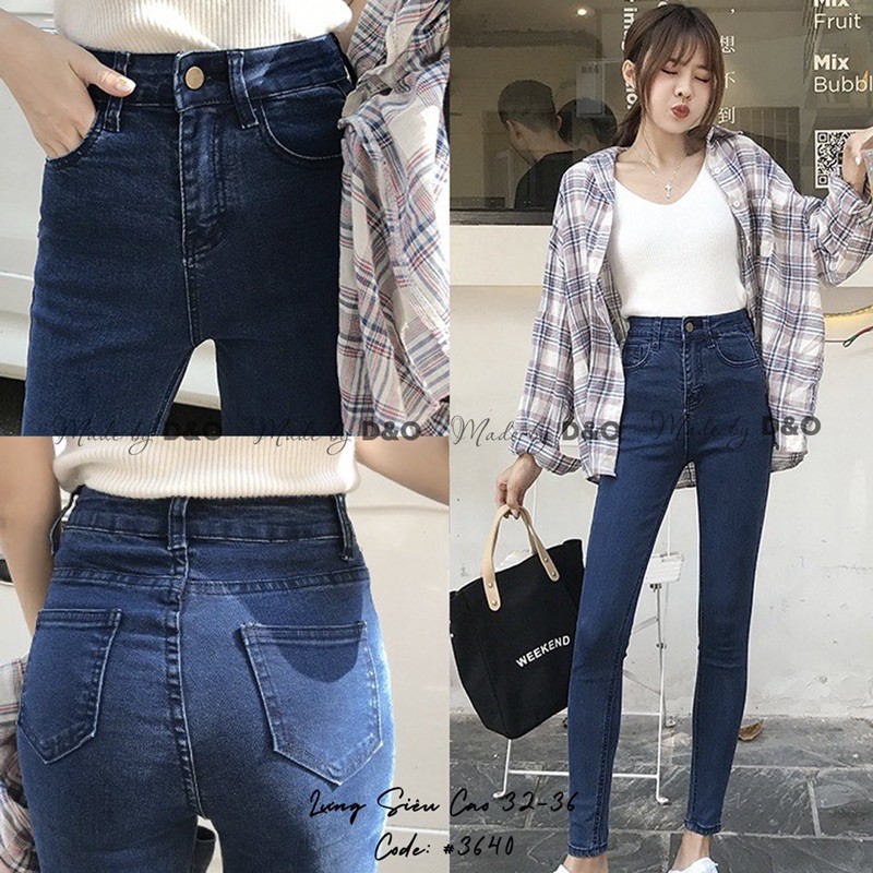 [Size 32-36] Quần Bò Cạp Cao / Quần Jeans Lưng Cao Trên Rốn Co Giãn Mạnh - Tôn Dáng Gọn Eo Bụng - Xanh Đậm Trơn