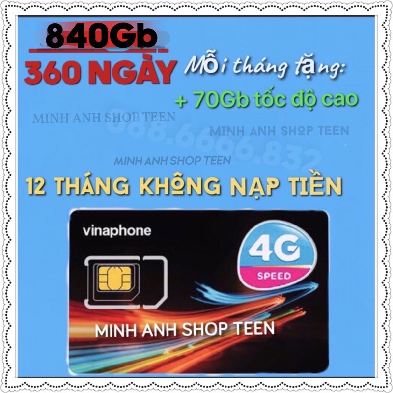 SIM 4G VINA VÀO MẠNG 1 NĂM KHÔNG NẠP TIỀN 60gb-180Gb- 840gb