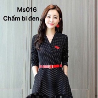 Váy đầm sơmi sơ mi dáng xoè tay lỡ hoạ tiết chấm bi Hàng chuẩn quảng châu cao cấp