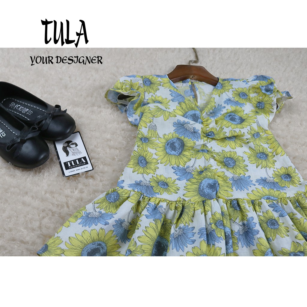 Váy Đầm Cho Bé Gái Họa Tiết Hoa Hướng Dương Chun Ngực Ngắn Tay Vải Linen Hàn Quốc