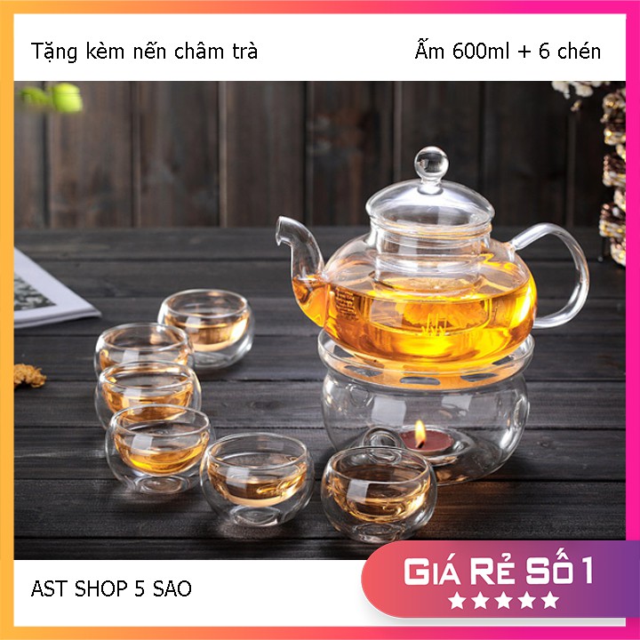 Bộ ấm pha trà ⚡𝐅𝐑𝐄𝐄 𝐒𝐇𝐈𝐏⚡ và châm trà 6 chén kèm đế nến châm trà chịu nhiệt dung tích 600ml