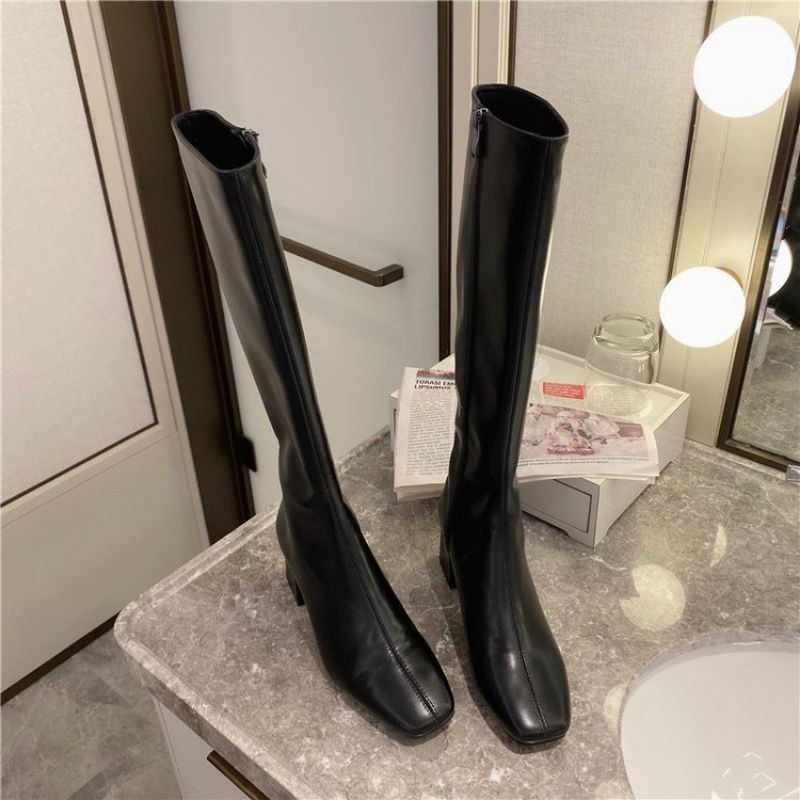 Boot đùi nữ giầy boot nữ chất liệu da PU đi ôm chân mũi vuông gót vuông đế cao 6cm  bên trong lót lông | BigBuy360 - bigbuy360.vn