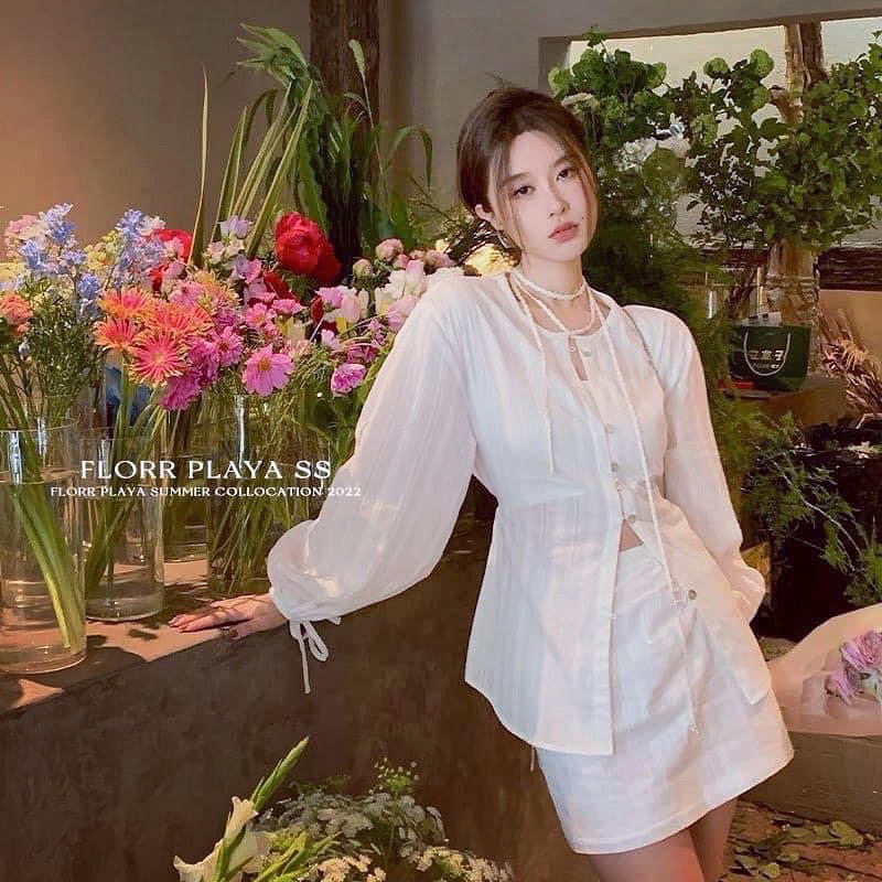 Set Áo Sơ Mi Dài Tay Cột Dây Mix Chân Váy