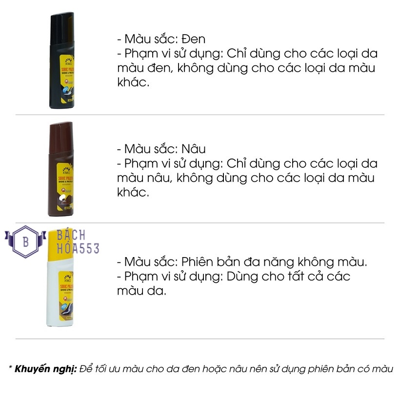 Xi nước đánh giày da, đồ da bổ sung màu và độ bóng Ximo Polish 75ml
