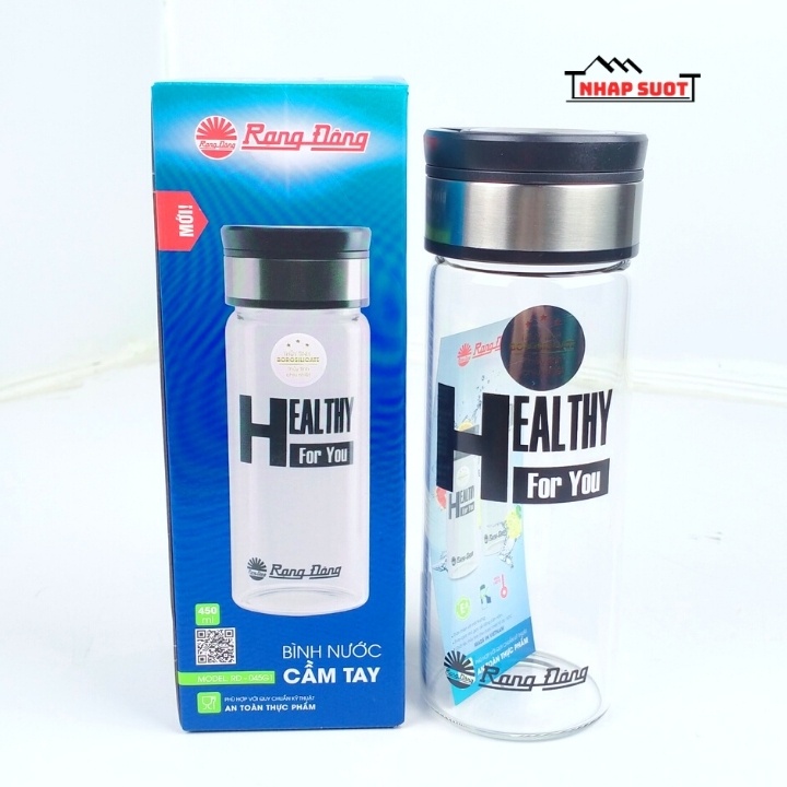 [Chính Hãng] Bình nước cầm tay 450ml Rạng Đông thân thuỷ tinh, nắp nhựa ABS kết hợp inox (model: RD-045G1)