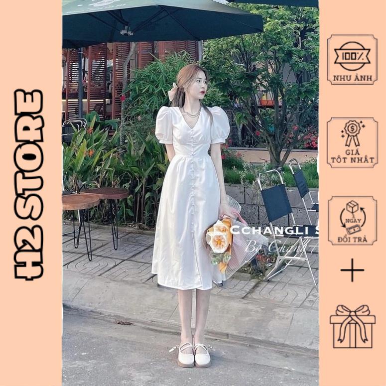 Váy maxi cổ tim cúc bọc tay bồng cổ V