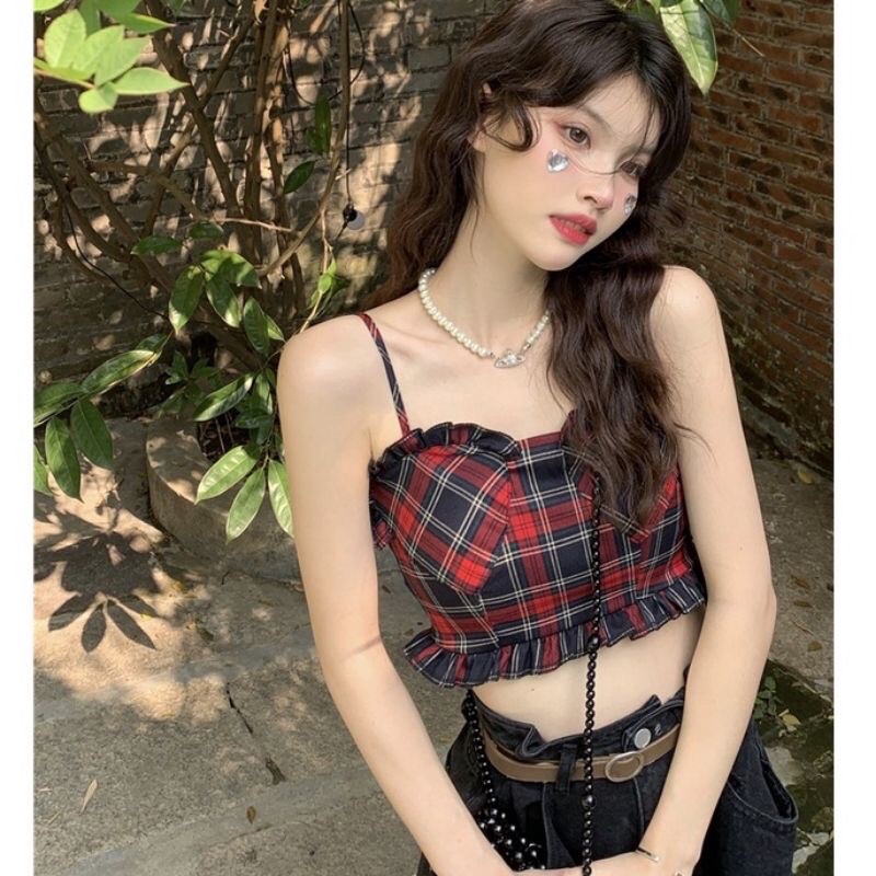 Áo 2 dây hoạ tiết kẻ caro phong cách Retro dễ thương hàng QC