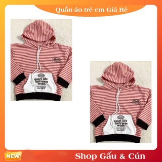 Áo nỉ áo hoodie có mũ cho bé gái kẻ hồng, có túi, dây rút mũ dày dặn, đẹp từ 10-19kg