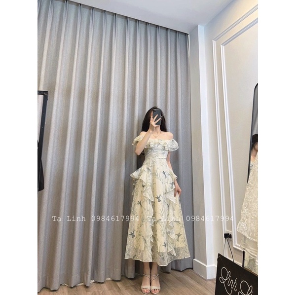 Đầm maxi hoa bèo bẹt vai, váy voan hoa bẹt vai kèm hình thật