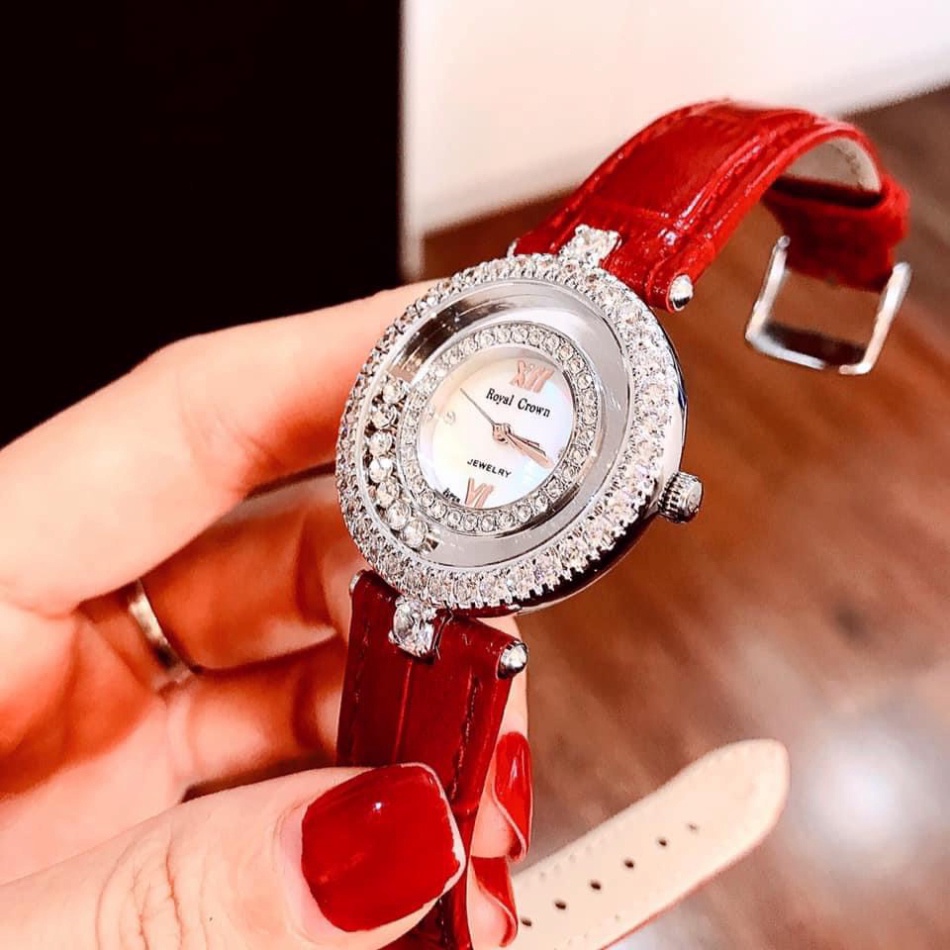 Đồng hồ nữ ROYAL CROW dây da mặt đính đá thời thượng hot trend thời trang giới trẻ, chống nước , bảo hành 12 tháng
