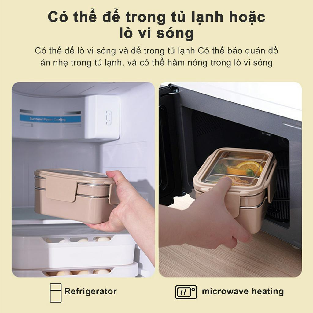 Hộp cơm đựng thức ăn văn phòng 2 tầng 3 ngăn 1200ml hâm nóng trong Lò vi sóng nắp chống tràn nước,hộp đựng cơm inox1200