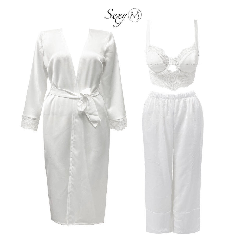 Sexy M Set Quần Ngủ Dài Áo Choàng Và Croptop Ren Trắng SQN04