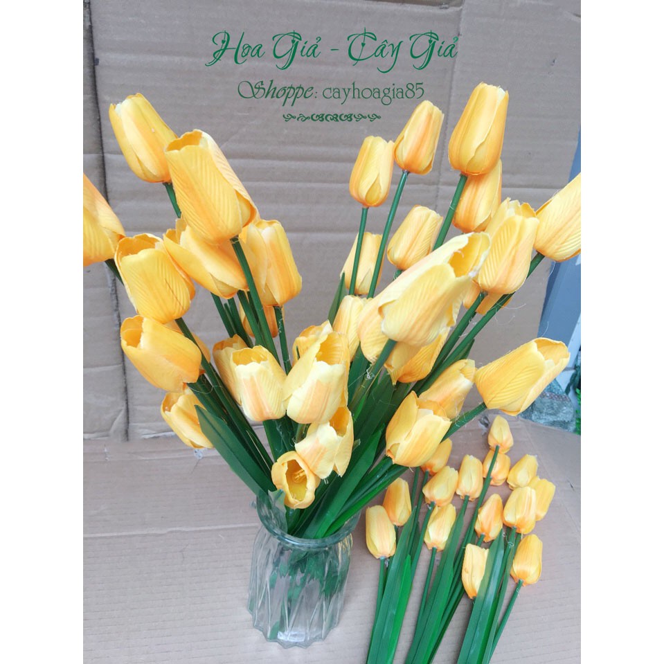 Hoa giả _ Hoa Tulip vải lụa 5 bông cành cao 53cm