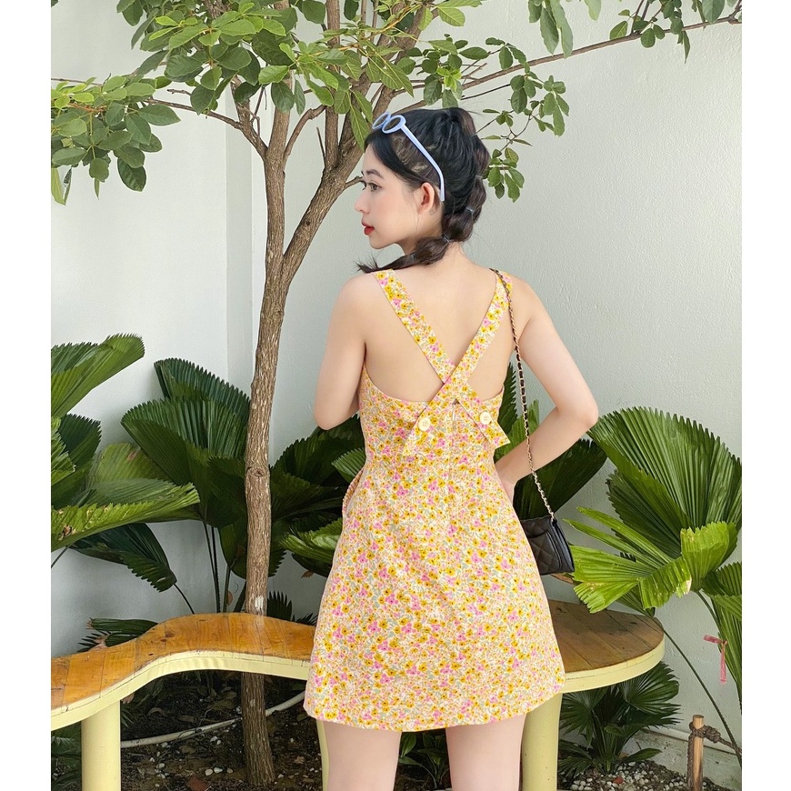 JOLIN | 𝐌𝐄𝐑𝐘 𝐃𝐑𝐄𝐒𝐒 - Đầm ngắn 2 dây chéo lưng hoa nhí dáng xòe nhẹ 2 màu sẵn mút ngực