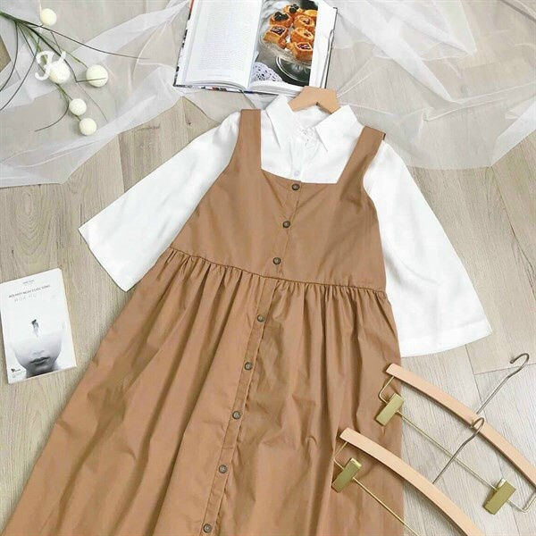 (Ưu Đãi FreeShip) Sét yếm nữ đi chơi,chiếc yếm tone nâu chanh sả cài nút trước mix áo sơ mi tay lỡ dễ thương