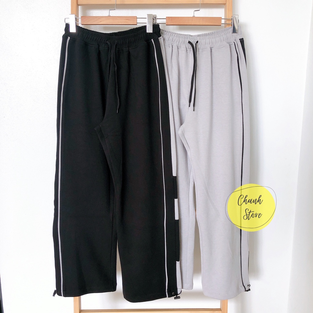 Quần Ống Suông Ulzzang Nam Nữ Sọc Phối Màu Track Pant Có Dây Rút Gấu