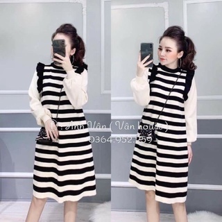 Pass váy len kẻ tay phồng