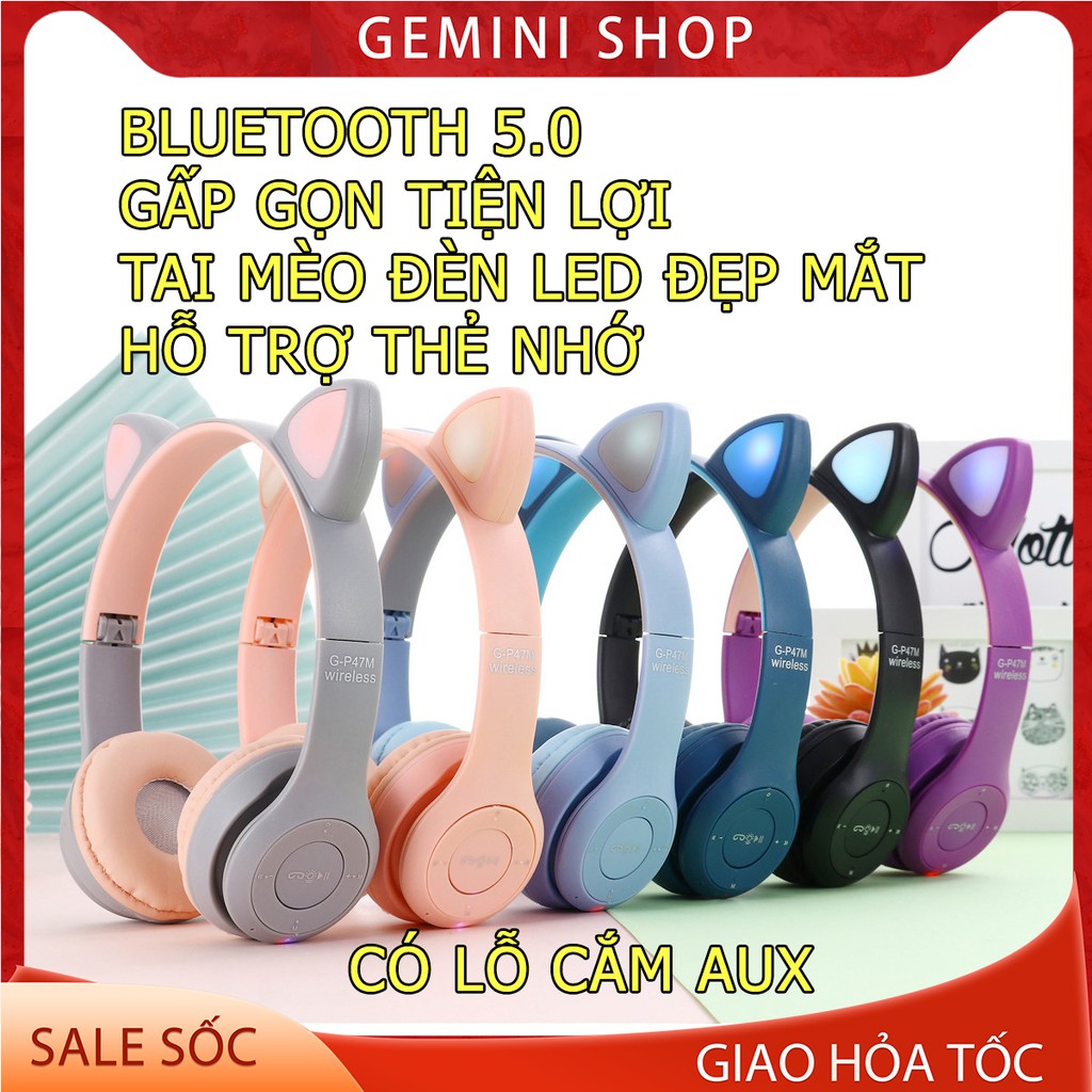 Tai Nghe Bluetooth P47-M Chụp tai có Mic Headphone không dây Dễ Thương tai mèo nghe nhạc, chơi game GEMINI SHOP