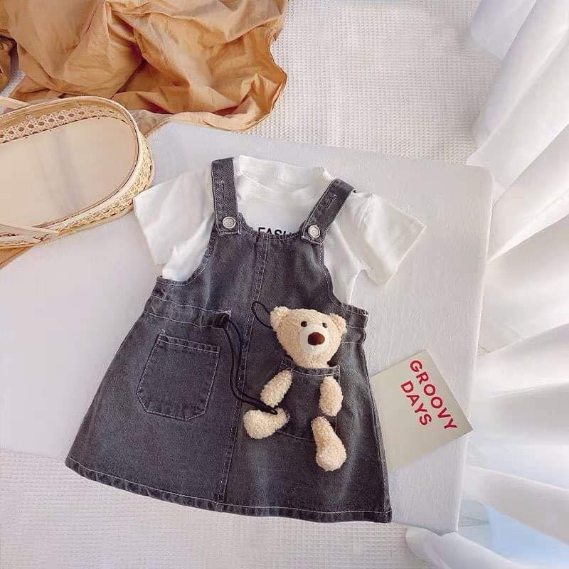 Váy yếm bò kèm áo cotton có gấu bông siêu cute cho bé, set đồ chơi hè cao cấp cho bé, chất liệu mềm mịn co dãn nhẹ