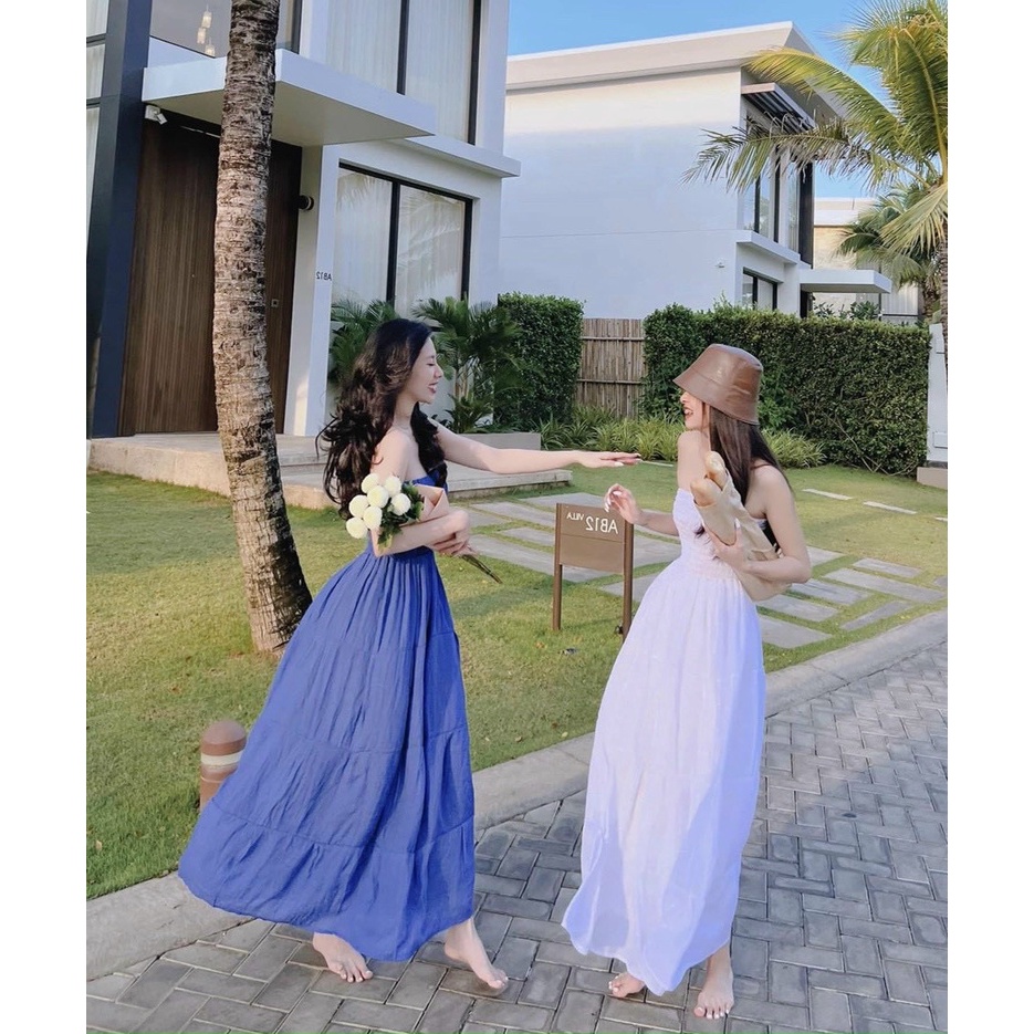 Đầm Maxi 💖DEMISS💖 Váy Maxi Ống Nhún Chỉ Ngực Đi Biển Siêu Xinh - V-Xanh-Trắng-80