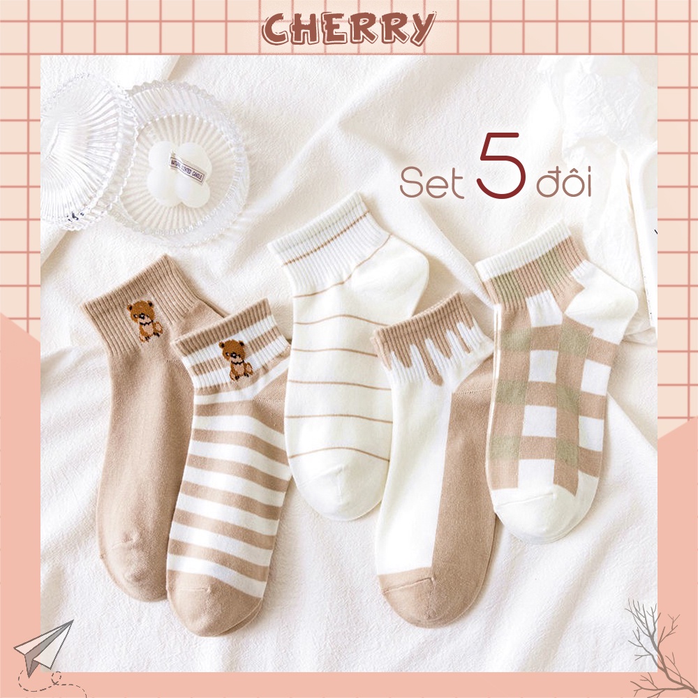 Tất nữ vớ nữ cổ ngắn set 5 đôi họa tiết cute dễ thương phong cách Hàn Quốc kèm túi- Cherry Shop