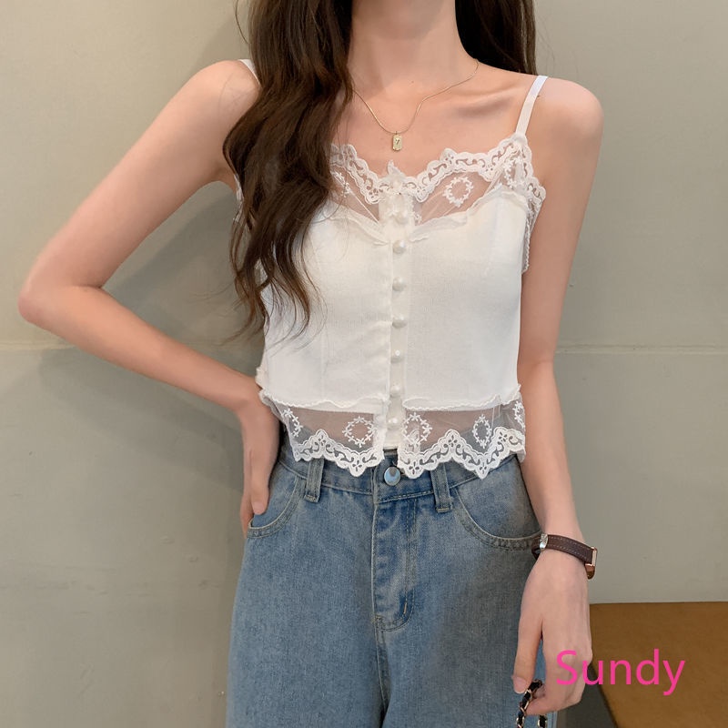 Áo Hai Dây Dệt Kim Phối Ren Thời Trang Mùa Hè Quyến Rũ Cho Nữ