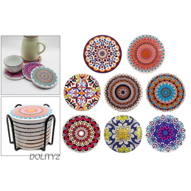 Bộ 8 đế lót ly hình tròn bằng sứ + giá đỡ tiện dụng cho nhà bếp