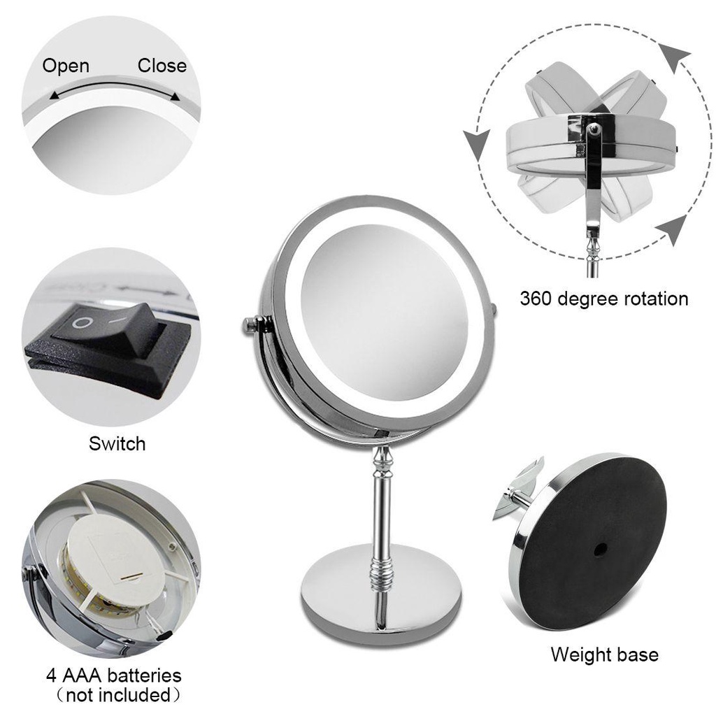 OCEANMAP Gương Trang Điểm Phóng Đại 10 Lần Ánh Sáng Trắng Tự Nhiên Xoay 360 Độ Có Đèn LED