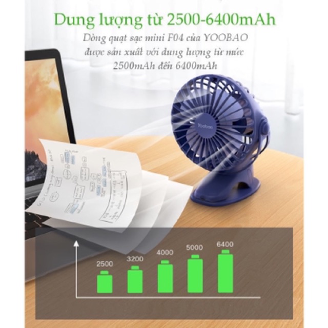 Quạt tích điện Yoobao 6400MAH,kẹp sách mini cầm tay 4 cấp độ gió DR888 #8