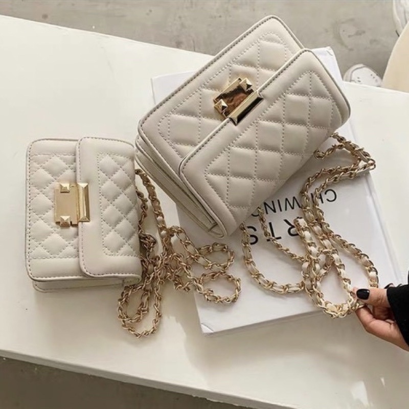 Túi đeo chéo, đeo vai khoá bấm trần ô trám dây xích phối da phong cách đơn giản